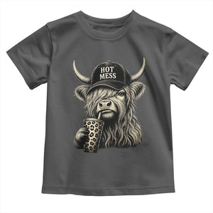 Hot Mess Highland Cow Sipping Iced Coffee Meme Toddler T Shirt Funny Sarcastic Everyday Life Country Western Style