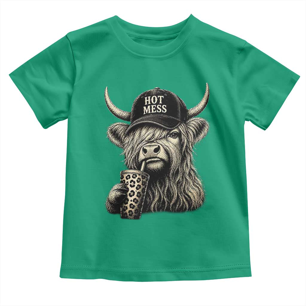Hot Mess Highland Cow Sipping Iced Coffee Meme Toddler T Shirt Funny Sarcastic Everyday Life Country Western Style