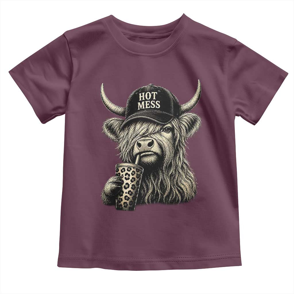 Hot Mess Highland Cow Sipping Iced Coffee Meme Toddler T Shirt Funny Sarcastic Everyday Life Country Western Style