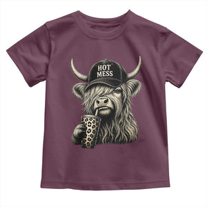 Hot Mess Highland Cow Sipping Iced Coffee Meme Toddler T Shirt Funny Sarcastic Everyday Life Country Western Style