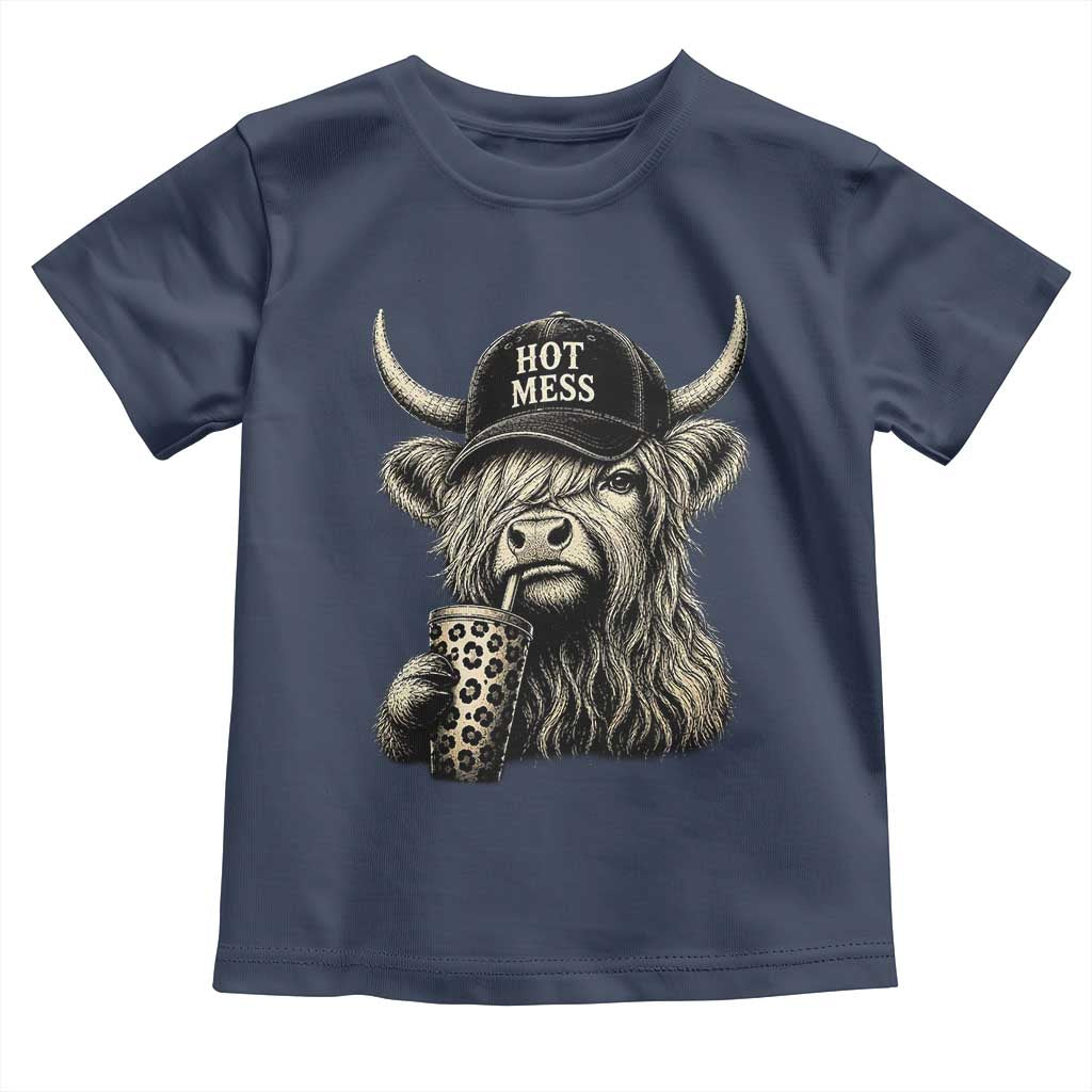 Hot Mess Highland Cow Sipping Iced Coffee Meme Toddler T Shirt Funny Sarcastic Everyday Life Country Western Style