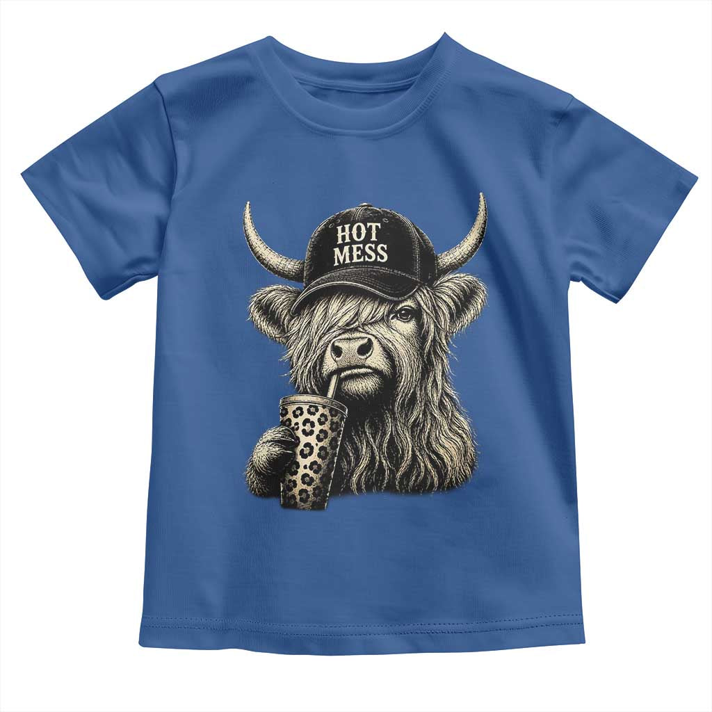 Hot Mess Highland Cow Sipping Iced Coffee Meme Toddler T Shirt Funny Sarcastic Everyday Life Country Western Style