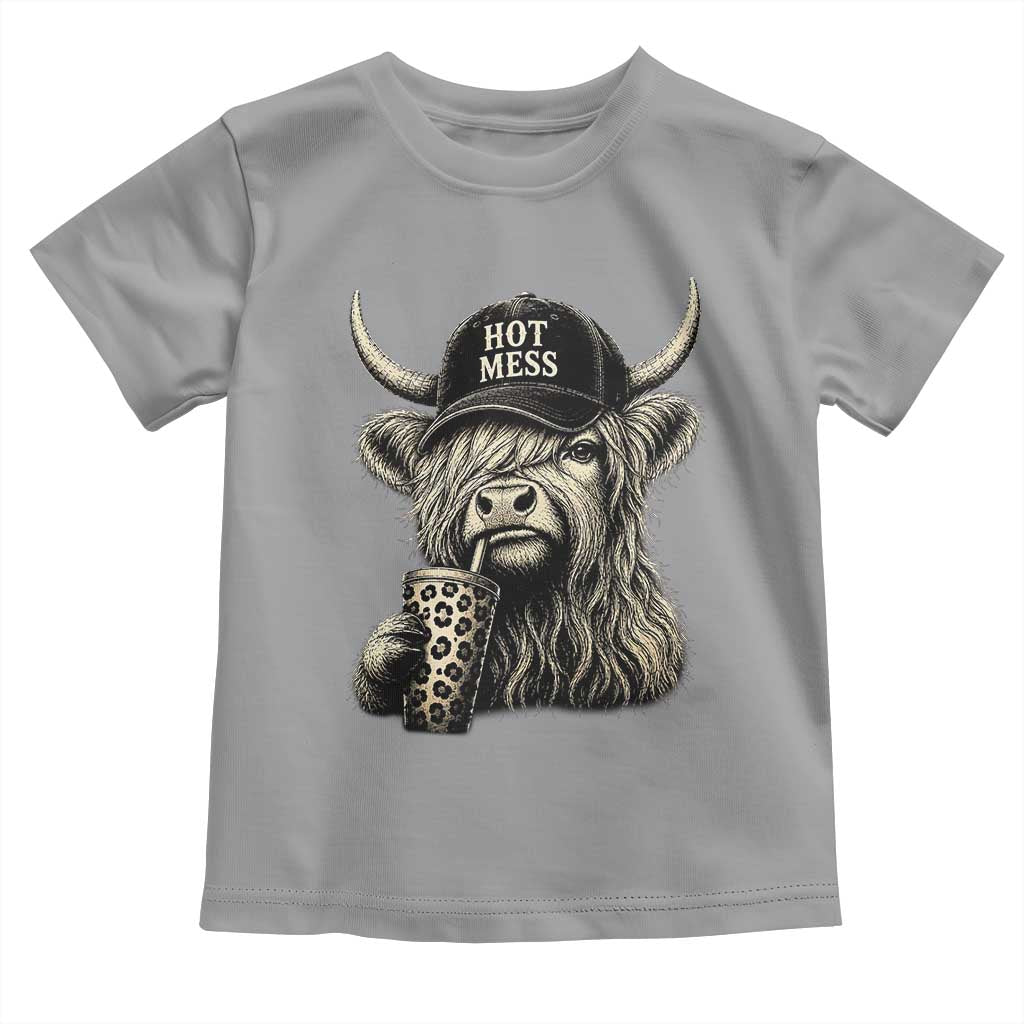 Hot Mess Highland Cow Sipping Iced Coffee Meme Toddler T Shirt Funny Sarcastic Everyday Life Country Western Style