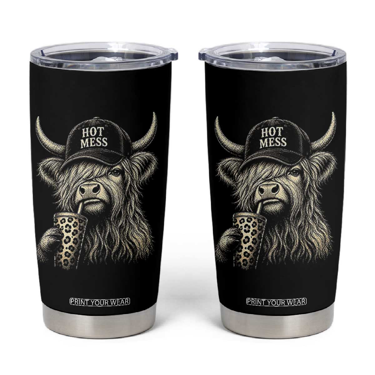 Hot Mess Highland Cow Sipping Iced Coffee Meme Tumbler Cup Funny Sarcastic Everyday Life Country Western Style
