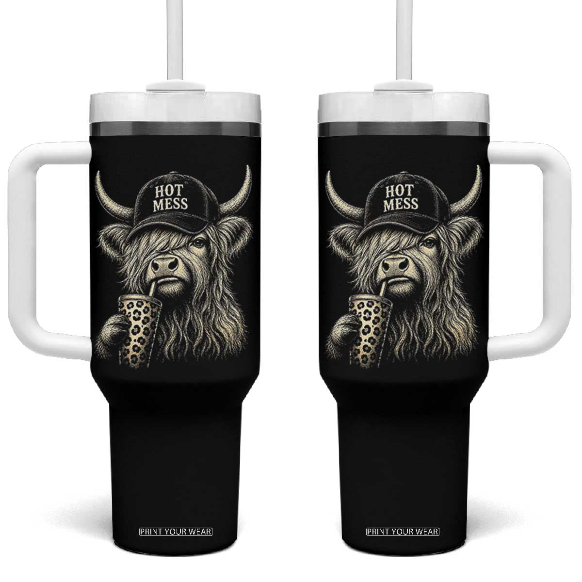 Hot Mess Highland Cow Sipping Iced Coffee Meme Tumbler With Handle Funny Sarcastic Everyday Life Country Western Style