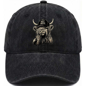 Hot Mess Highland Cow Sipping Iced Coffee Meme Washed Cotton Baseball Cap Funny Sarcastic Everyday Life Country Western Style TS02 Print Your Wear