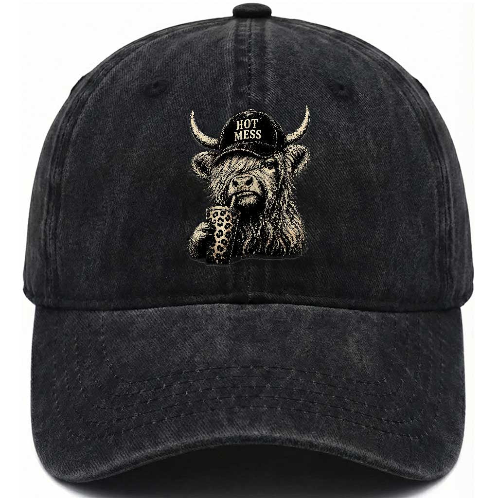 Hot Mess Highland Cow Sipping Iced Coffee Meme Washed Cotton Baseball Cap Funny Sarcastic Everyday Life Country Western Style TS02 Print Your Wear