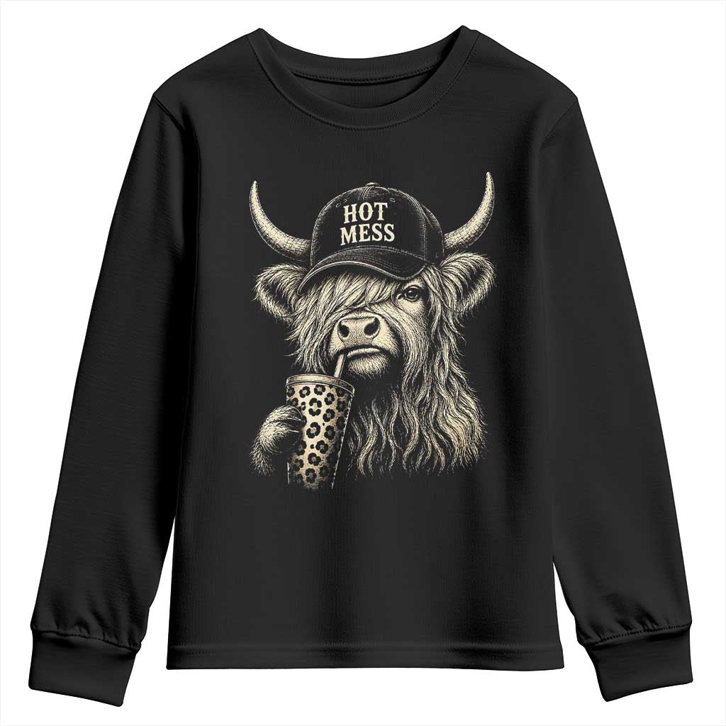 Hot Mess Highland Cow Sipping Iced Coffee Meme Youth Sweatshirt Funny Sarcastic Everyday Life Country Western Style TS02 Black Print Your Wear