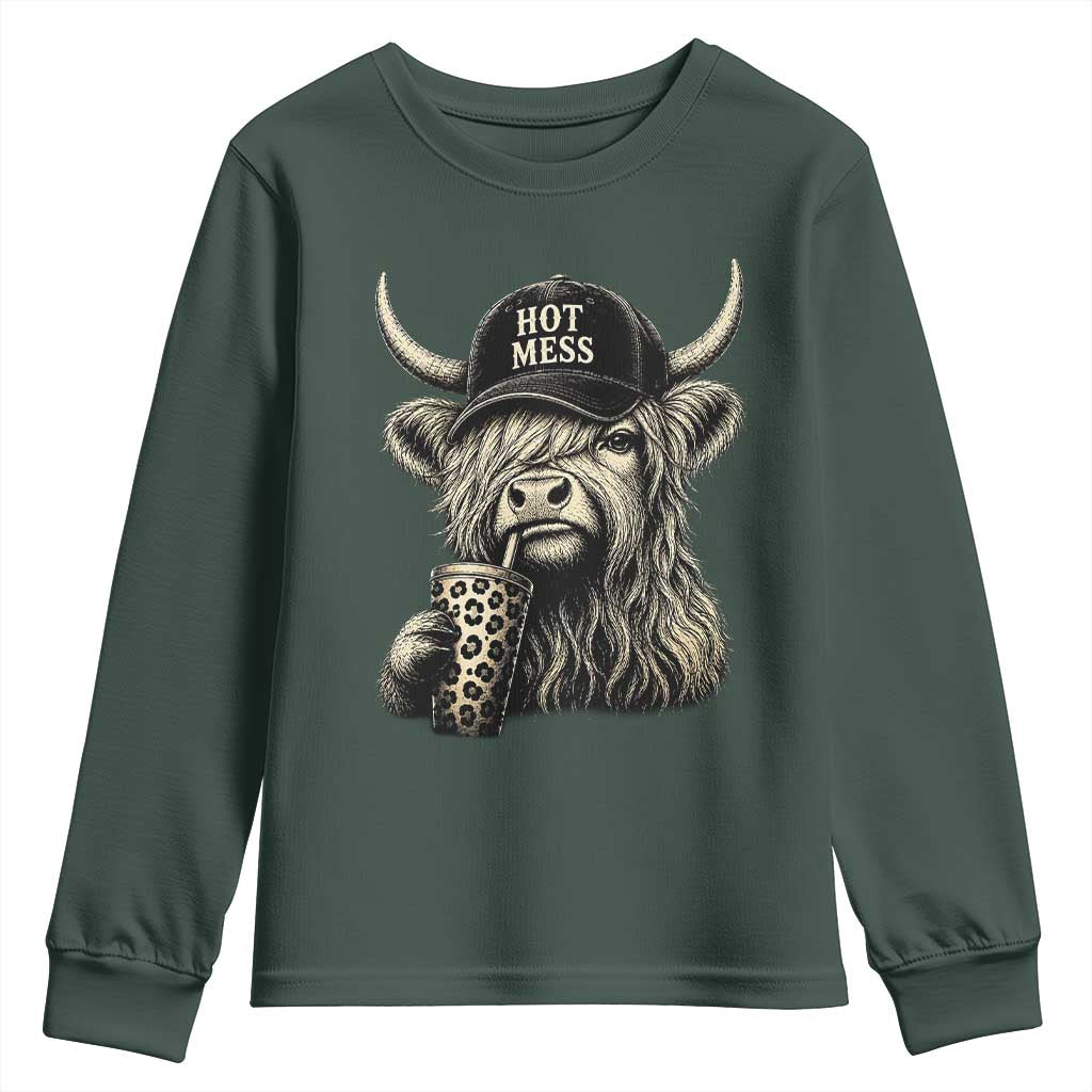 Hot Mess Highland Cow Sipping Iced Coffee Meme Youth Sweatshirt Funny Sarcastic Everyday Life Country Western Style TS02 Dark Forest Green Print Your Wear