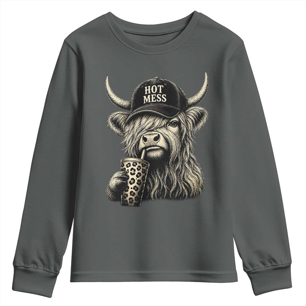 Hot Mess Highland Cow Sipping Iced Coffee Meme Youth Sweatshirt Funny Sarcastic Everyday Life Country Western Style TS02 Dark Heather Print Your Wear