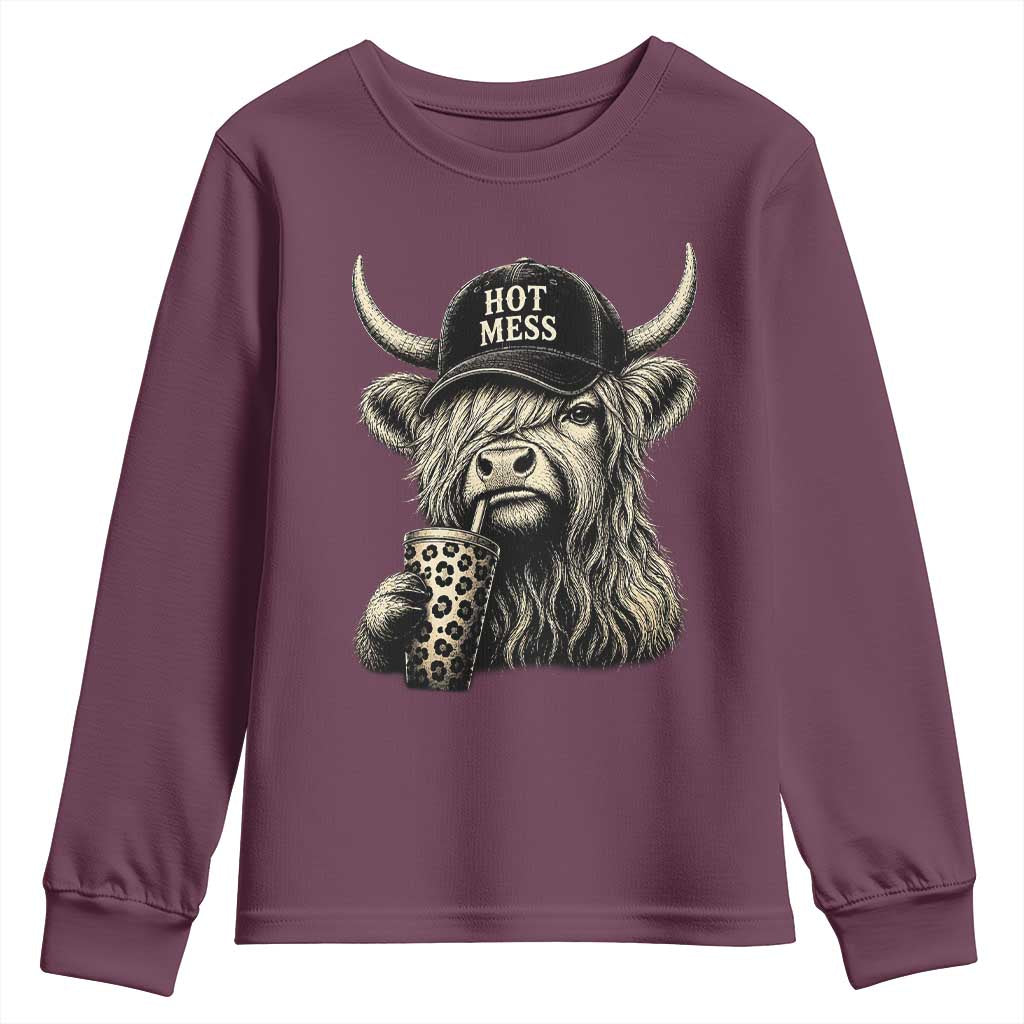 Hot Mess Highland Cow Sipping Iced Coffee Meme Youth Sweatshirt Funny Sarcastic Everyday Life Country Western Style TS02 Maroon Print Your Wear