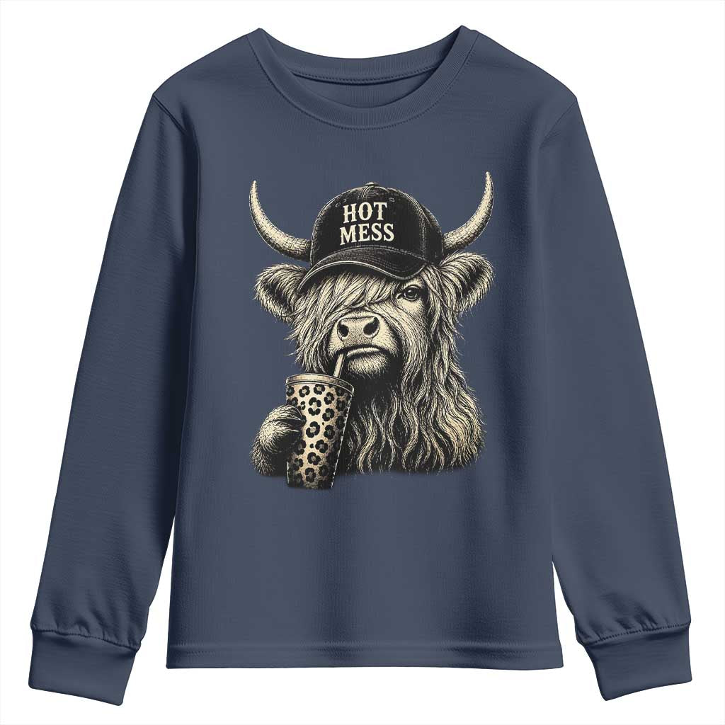 Hot Mess Highland Cow Sipping Iced Coffee Meme Youth Sweatshirt Funny Sarcastic Everyday Life Country Western Style TS02 Navy Print Your Wear