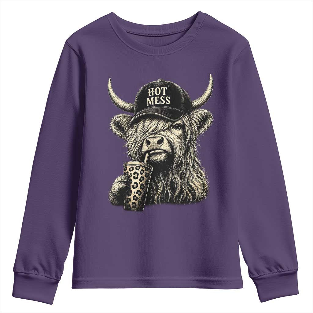 Hot Mess Highland Cow Sipping Iced Coffee Meme Youth Sweatshirt Funny Sarcastic Everyday Life Country Western Style TS02 Purple Print Your Wear