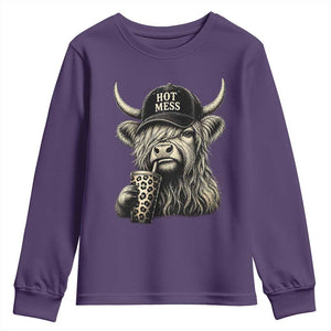 Hot Mess Highland Cow Sipping Iced Coffee Meme Youth Sweatshirt Funny Sarcastic Everyday Life Country Western Style TS02 Purple Print Your Wear