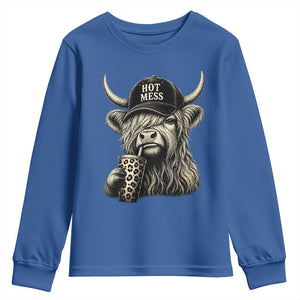 Hot Mess Highland Cow Sipping Iced Coffee Meme Youth Sweatshirt Funny Sarcastic Everyday Life Country Western Style TS02 Royal Blue Print Your Wear