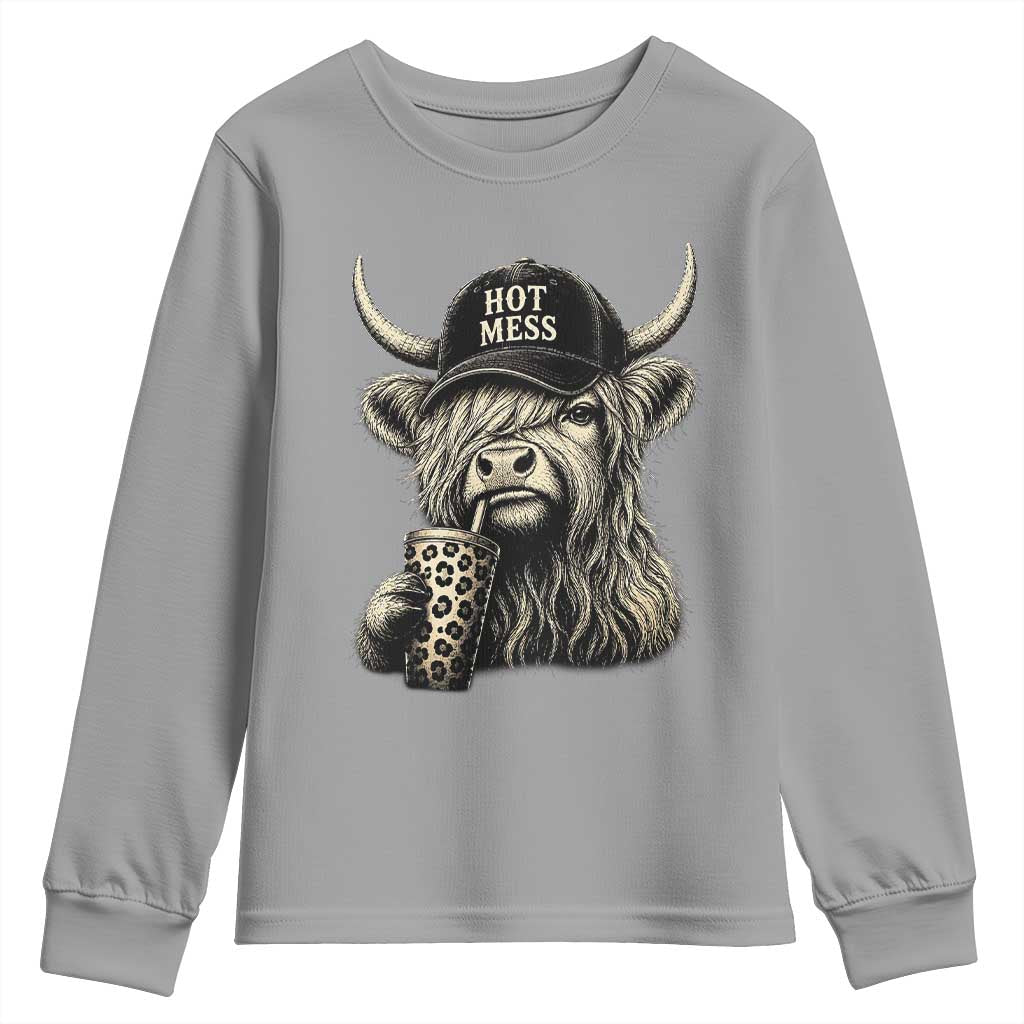 Hot Mess Highland Cow Sipping Iced Coffee Meme Youth Sweatshirt Funny Sarcastic Everyday Life Country Western Style TS02 Sport Gray Print Your Wear