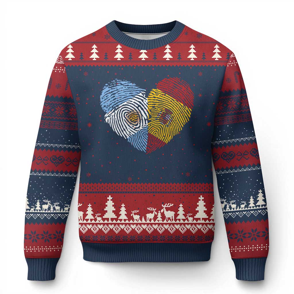 Argentina Spain Flag Mixed Roots Fingerprint Heart Graphic Ugly Christmas Sweater Argentine Spanish Dual Heritage Hispanic Pride Match Day TS02 Navy Red Print Your Wear