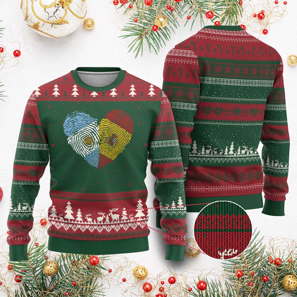 Argentina Spain Flag Mixed Roots Fingerprint Heart Graphic Ugly Christmas Sweater Argentine Spanish Dual Heritage Hispanic Pride Match Day TS02 Red Green Print Your Wear