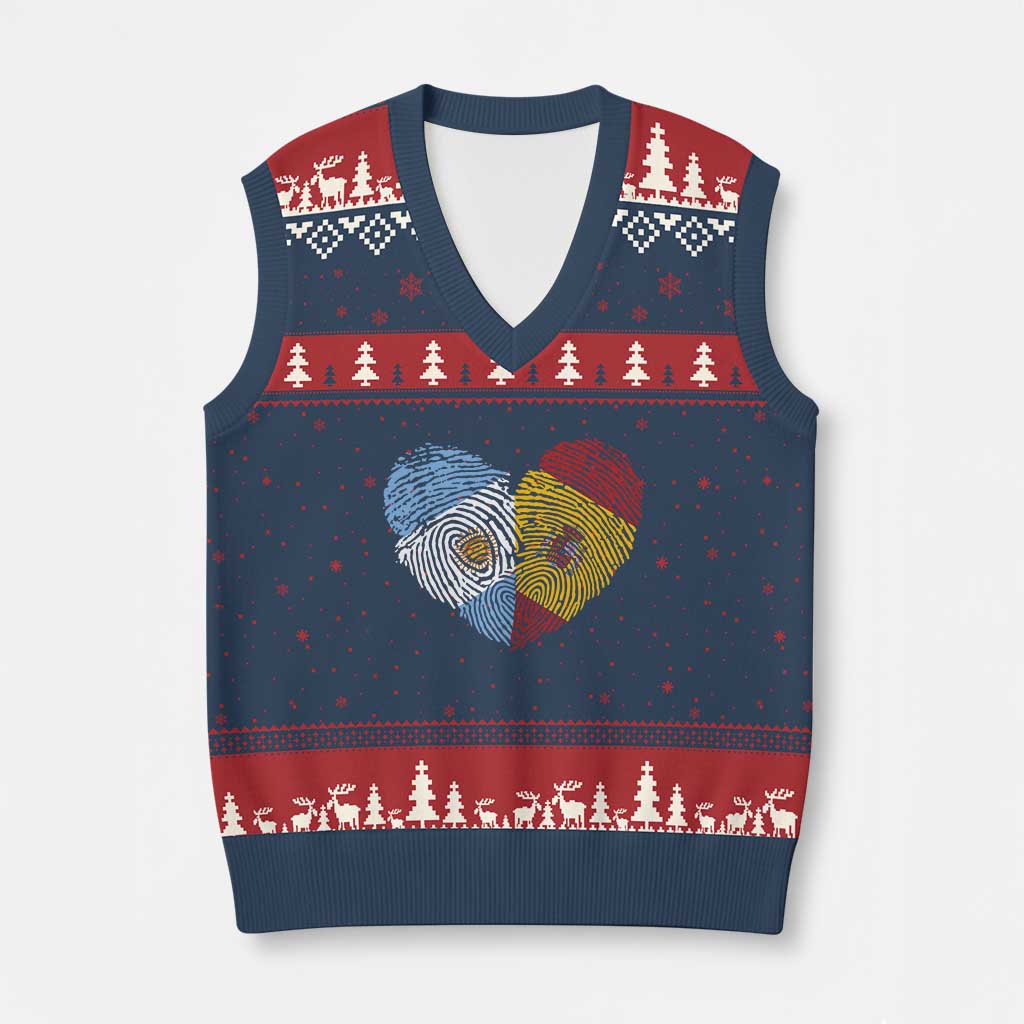 Argentina Spain Flag Mixed Roots Fingerprint Heart Graphic V-Neck Knit Sweater Vest Argentine Spanish Dual Heritage Hispanic Pride Match Day TS02 Navy Red Print Your Wear