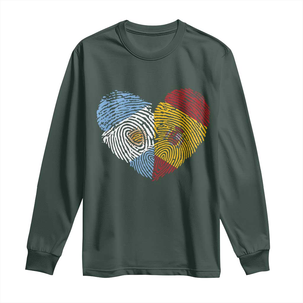 Argentina Spain Flag Mixed Roots Fingerprint Heart Graphic Long Sleeve Shirt Argentine Spanish Dual Heritage Hispanic Pride Match Day