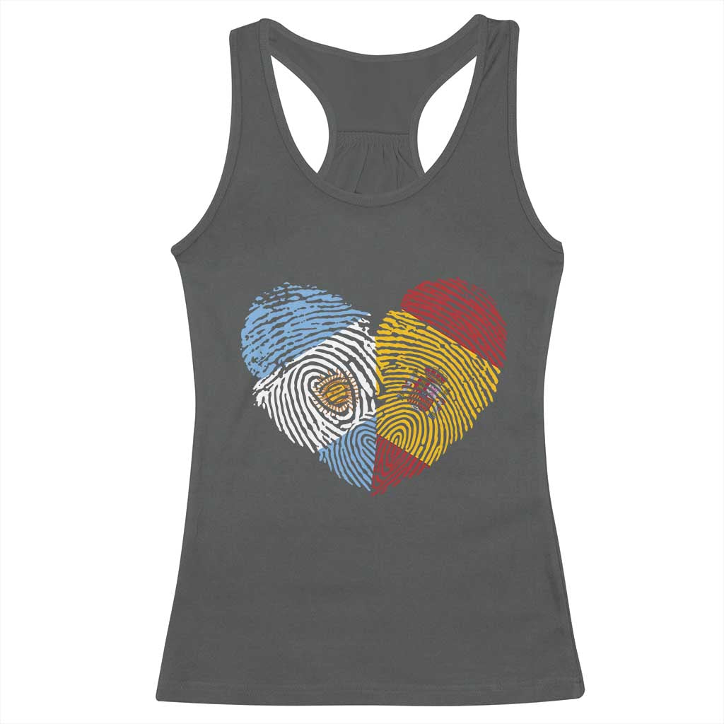 Argentina Spain Flag Mixed Roots Fingerprint Heart Graphic Racerback Tank Top Argentine Spanish Dual Heritage Hispanic Pride Match Day TS02 Dark Heather Print Your Wear