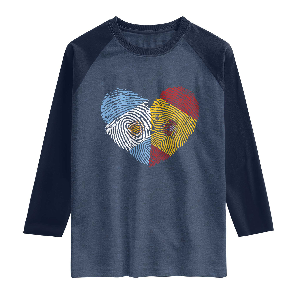 Argentina Spain Flag Mixed Roots Fingerprint Heart Graphic Raglan Shirt Argentine Spanish Dual Heritage Hispanic Pride Match Day TS02 Heather Denim Navy Print Your Wear