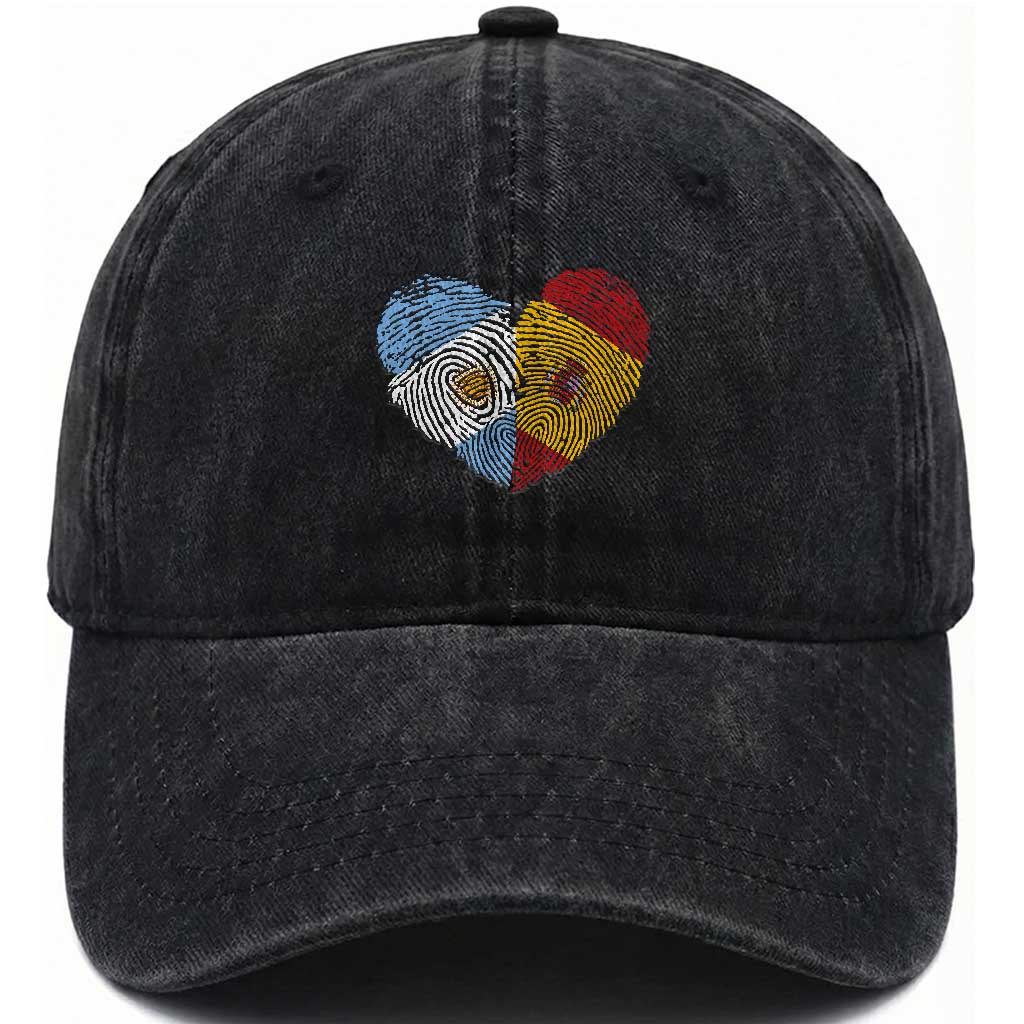 Argentina Spain Flag Mixed Roots Fingerprint Heart Graphic Washed Cotton Baseball Cap Argentine Spanish Dual Heritage Hispanic Pride Match Day TS02 Print Your Wear