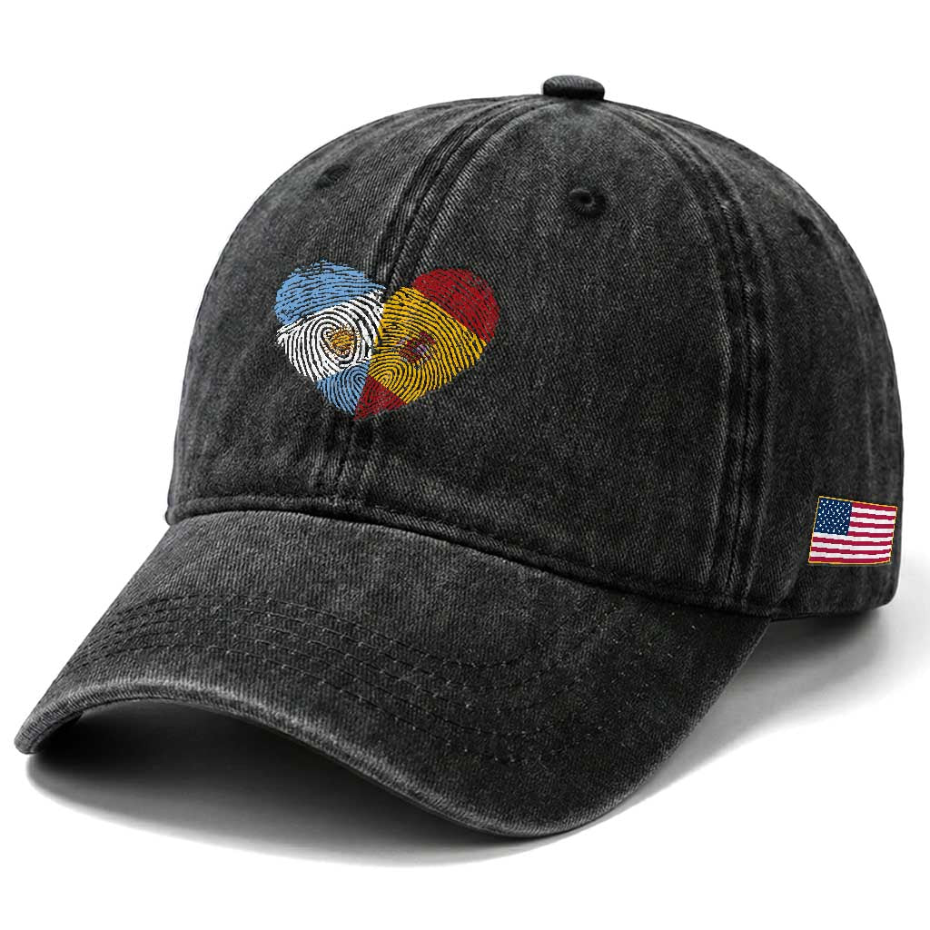 Argentina Spain Flag Mixed Roots Fingerprint Heart Graphic Washed Cotton Baseball Cap Argentine Spanish Dual Heritage Hispanic Pride Match Day TS02 Print Your Wear