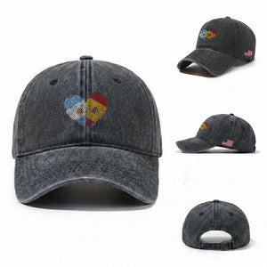 Argentina Spain Flag Mixed Roots Fingerprint Heart Graphic Washed Cotton Baseball Cap Argentine Spanish Dual Heritage Hispanic Pride Match Day TS02 Washed Cap Universal Fit Dark Gray Print Your Wear