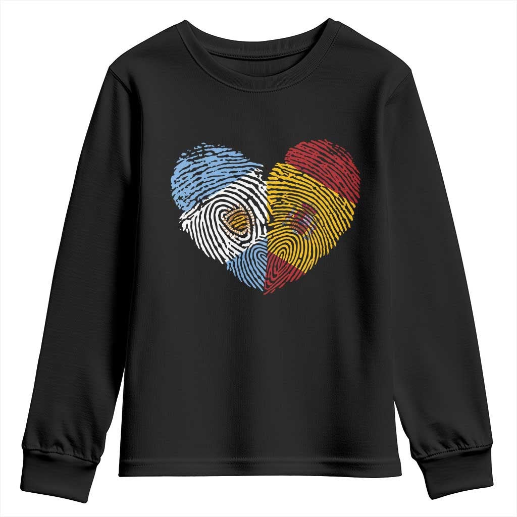Argentina Spain Flag Mixed Roots Fingerprint Heart Graphic Youth Sweatshirt Argentine Spanish Dual Heritage Hispanic Pride Match Day