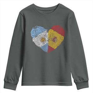 Argentina Spain Flag Mixed Roots Fingerprint Heart Graphic Youth Sweatshirt Argentine Spanish Dual Heritage Hispanic Pride Match Day
