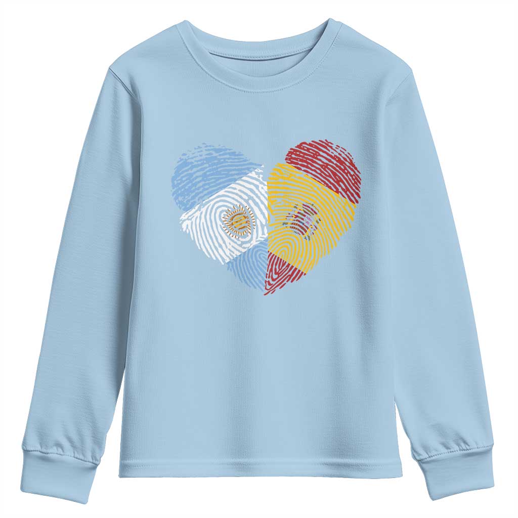 Argentina Spain Flag Mixed Roots Fingerprint Heart Graphic Youth Sweatshirt Argentine Spanish Dual Heritage Hispanic Pride Match Day