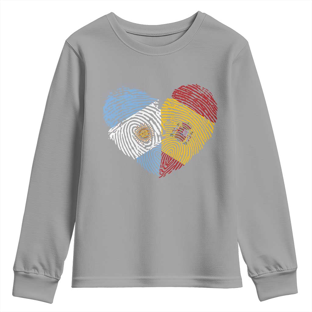Argentina Spain Flag Mixed Roots Fingerprint Heart Graphic Youth Sweatshirt Argentine Spanish Dual Heritage Hispanic Pride Match Day