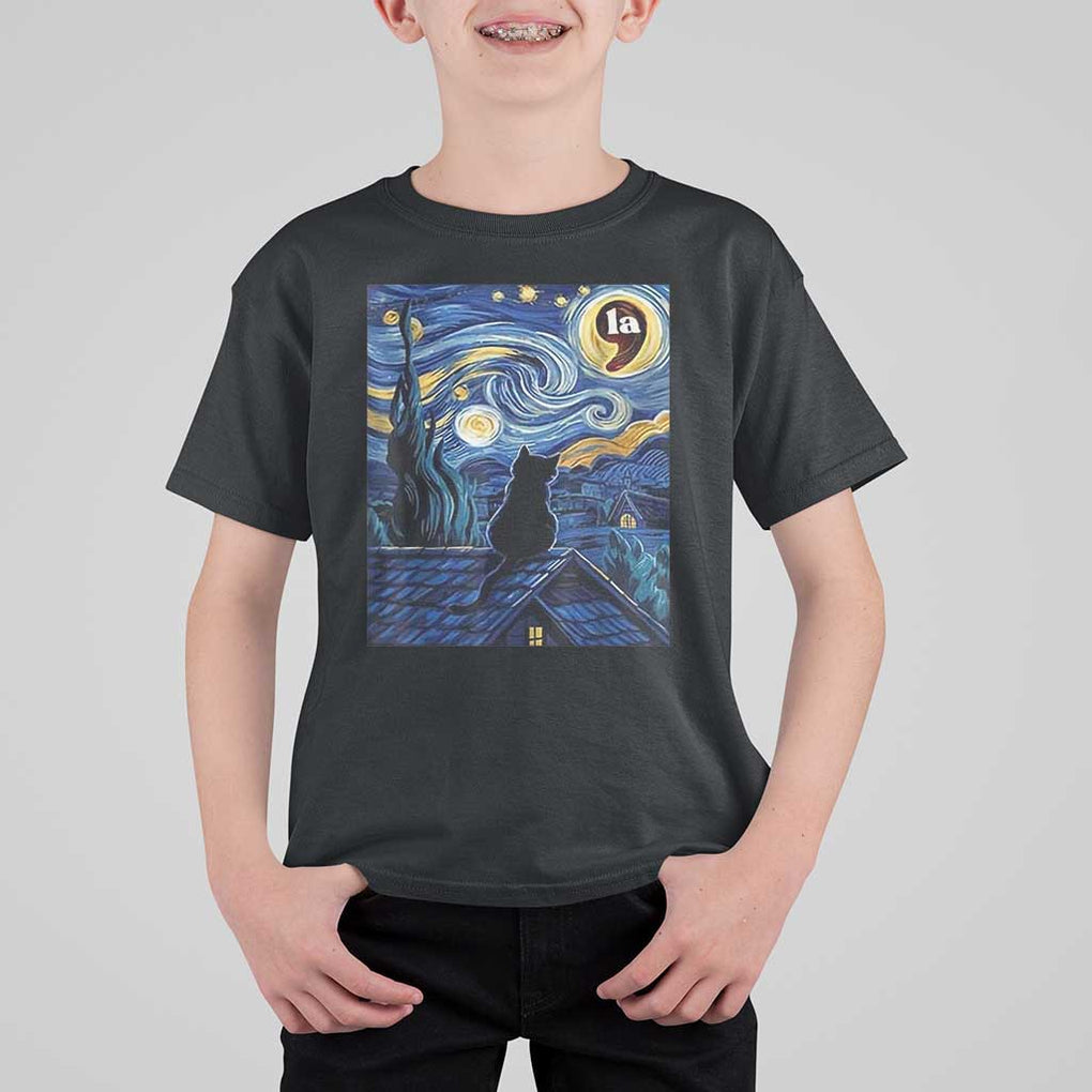 Starry Night Halloween Black Cat T Shirt For Kid Comma La I'm With Her Kamala 2024 TS02 Black Print Your Wear