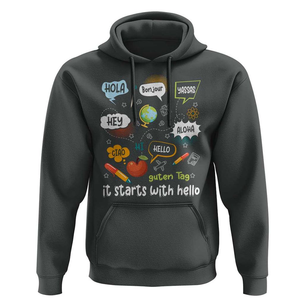 Inclusion Matters Hoodie It Starts With Hello In Languages TS02 Dark Heather Print Your Wear