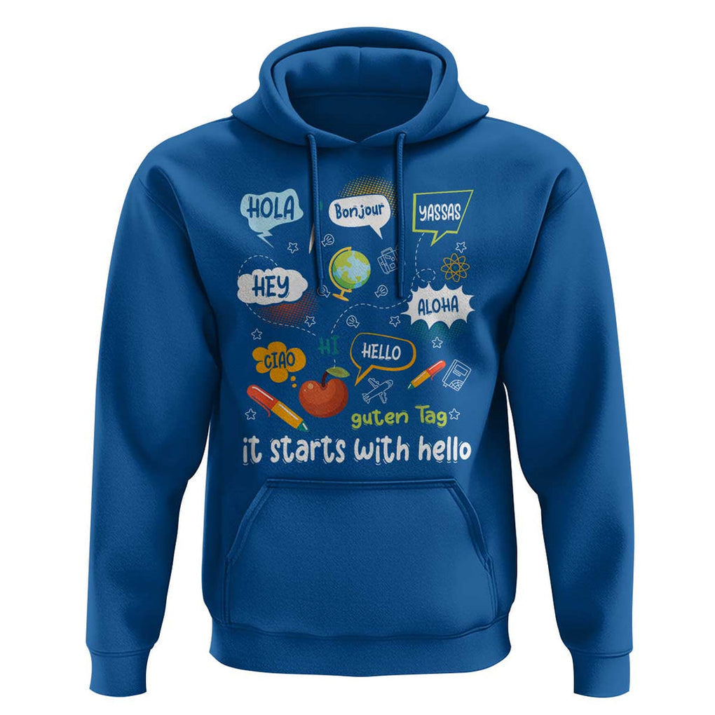 Inclusion Matters Hoodie It Starts With Hello In Languages TS02 Royal Blue Print Your Wear