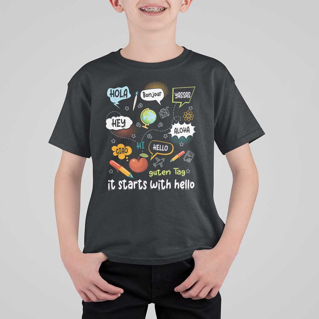 Inclusion Matters T Shirt For Kid It Starts With Hello In Languages TS02 Black Print Your Wear