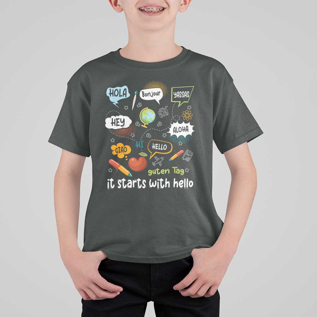 Inclusion Matters T Shirt For Kid It Starts With Hello In Languages TS02 Dark Heather Print Your Wear