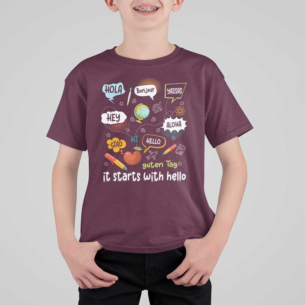 Inclusion Matters T Shirt For Kid It Starts With Hello In Languages TS02 Maroon Print Your Wear