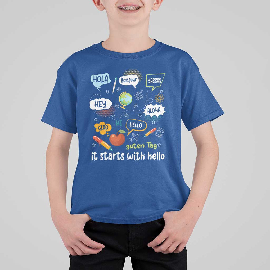 Inclusion Matters T Shirt For Kid It Starts With Hello In Languages TS02 Royal Blue Print Your Wear