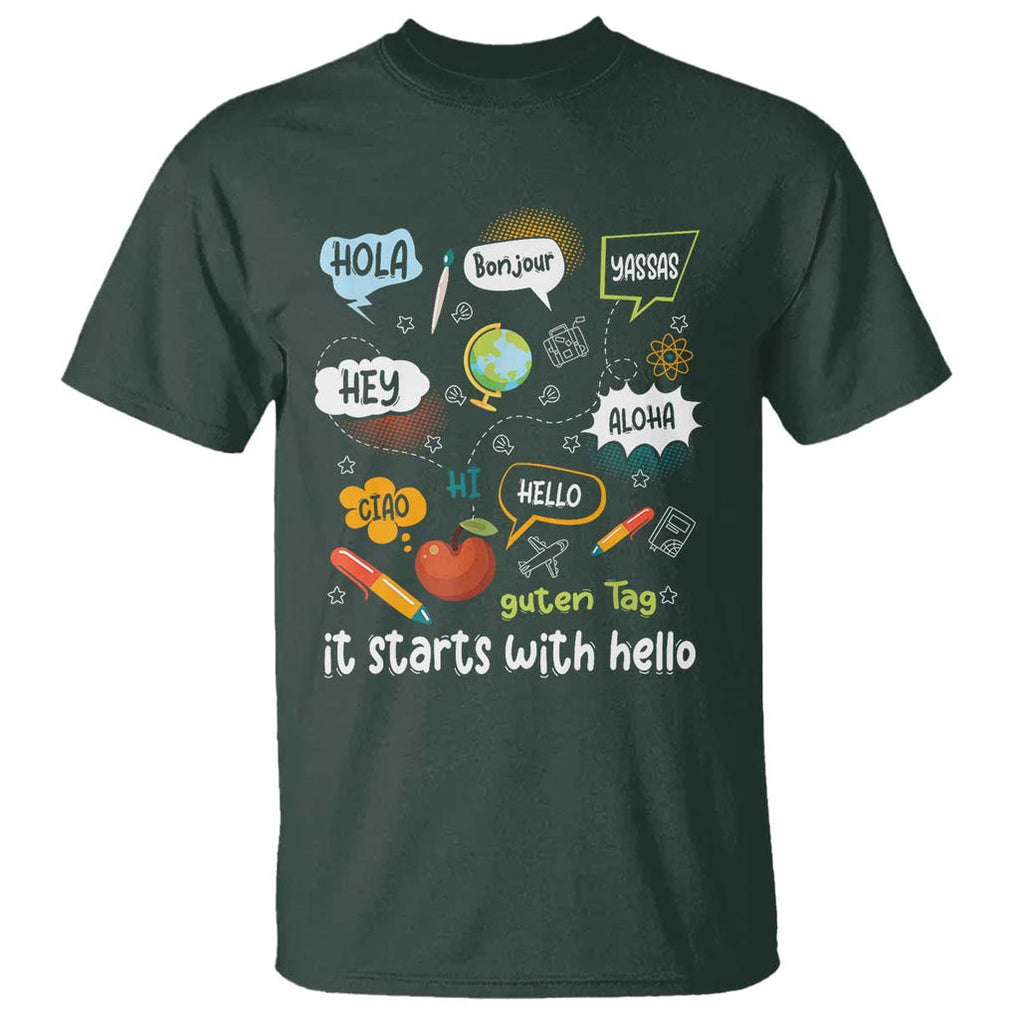 Inclusion Matters T Shirt It Starts With Hello In Languages TS02 Dark Forest Green Print Your Wear