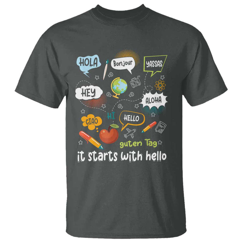 Inclusion Matters T Shirt It Starts With Hello In Languages TS02 Dark Heather Print Your Wear