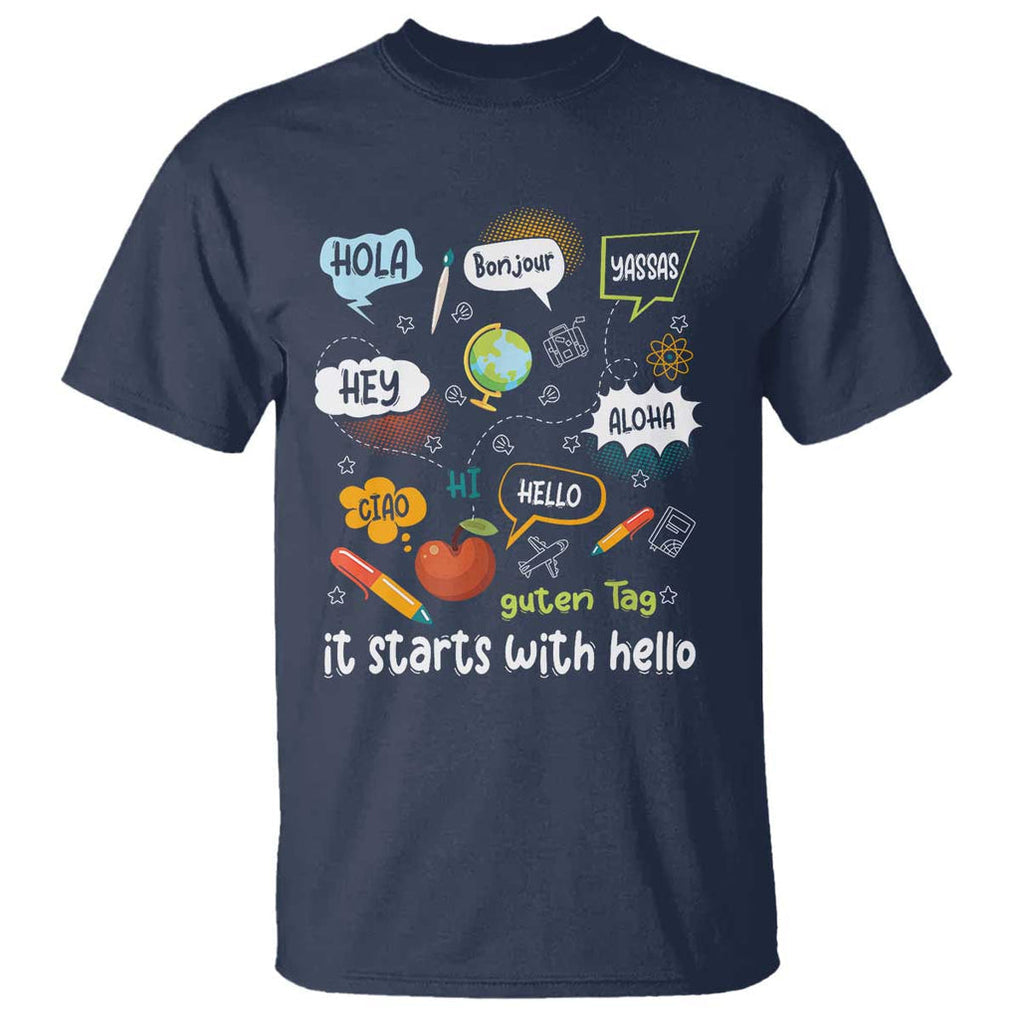 Inclusion Matters T Shirt It Starts With Hello In Languages TS02 Navy Print Your Wear
