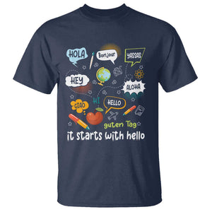 Inclusion Matters T Shirt It Starts With Hello In Languages TS02 Navy Print Your Wear