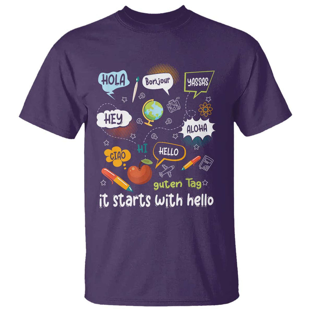 Inclusion Matters T Shirt It Starts With Hello In Languages TS02 Purple Print Your Wear