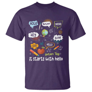 Inclusion Matters T Shirt It Starts With Hello In Languages TS02 Purple Print Your Wear