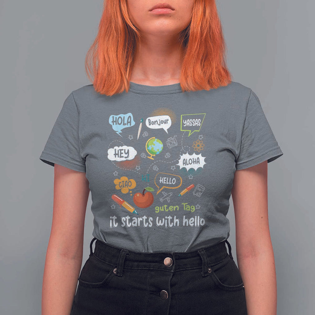 Inclusion Matters T Shirt For Women It Starts With Hello In Languages TS02 Charcoal Print Your Wear