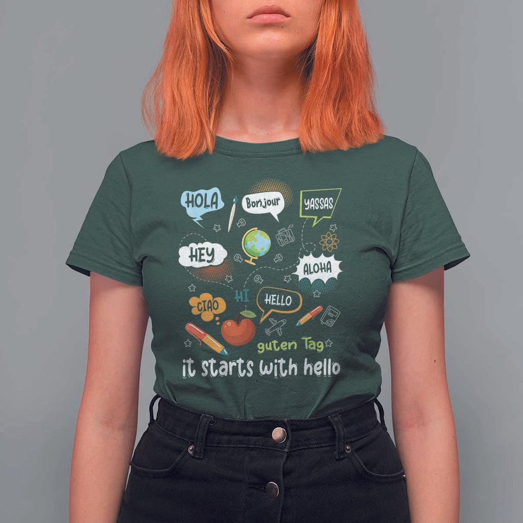 Inclusion Matters T Shirt For Women It Starts With Hello In Languages TS02 Dark Forest Green Print Your Wear