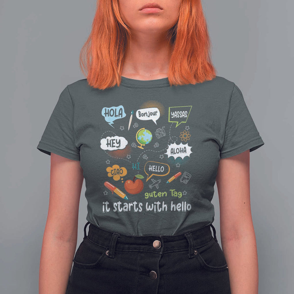 Inclusion Matters T Shirt For Women It Starts With Hello In Languages TS02 Dark Heather Print Your Wear