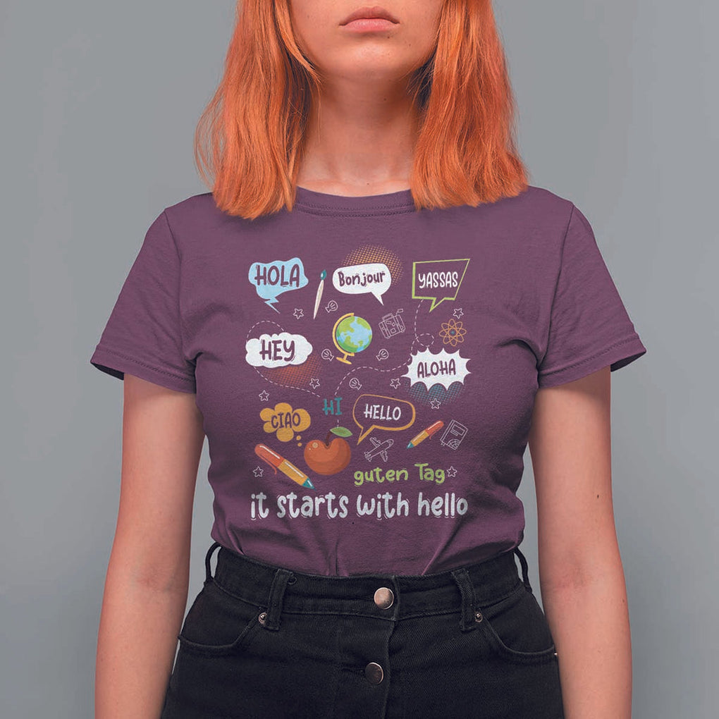 Inclusion Matters T Shirt For Women It Starts With Hello In Languages TS02 Maroon Print Your Wear